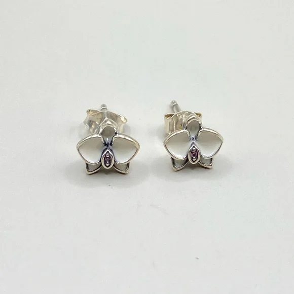 Pandora White Enamel Orchid Earrings - Picture 1 of 5